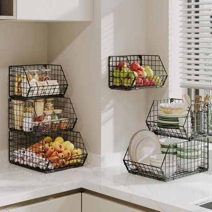 3-Tier Stackable Wire Baskets for Counter, Fruit and Vegetable Storage, Potato and Onion Storage Bin，Kitchen Pantry Organizer - Wall Basket for Produce/Snack/Can, Black