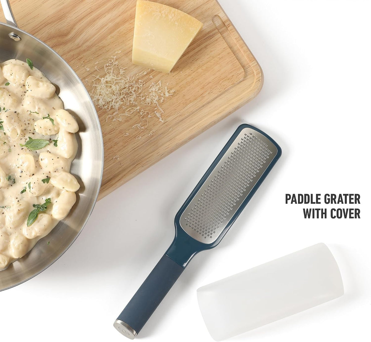 Calphalon Edge Lemon Zester, Stainless Steel Fine Citrus Grater for Lemon, Garlic & Ginger, Handheld Kitchen Zester with Protective Cover & Ergonomic Handle, Taupe