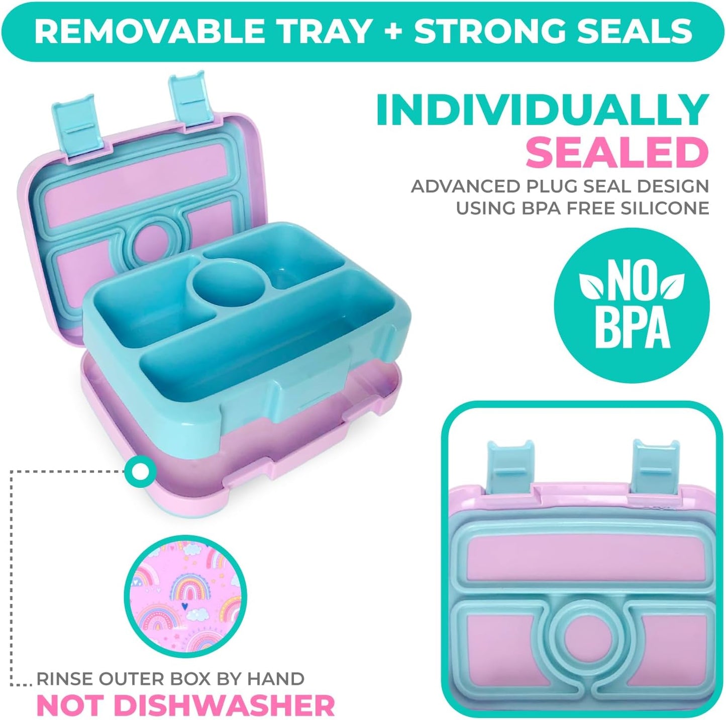 Kids Lunch Box - Bento Box for Boys Toddler Daycare, 4 Portion Sections with Lid, Snack Container Pre-School Kid Lunches Toddlers Removable Tray BPA Free, 3+ Years Old, Blue Rocket Dinosaur