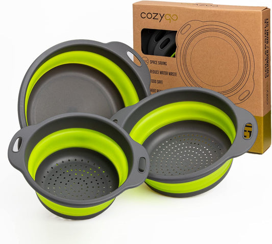 Colanders & Food Strainers with Bowl [Collapsible 3 piece Set Green] Kitchen Essentials for Draining Pasta, Washing Fruits and Vegetables, 7.9'' x 3.3'', 9.4'' x 3.5'', 11.4'' x 3.5'' (A101)
