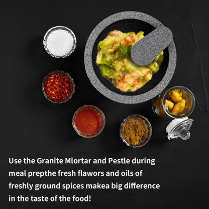 Large Mortar and Pestle Set- 4 Cup Unpolished Granite Bowl Heavy Duty Molcajete Mexicano Guacamole Pastes Pestos Salsa Bowl, Grind Seeds, Herbs, Pills, Kitchen Lab Muddler, Gray, 8 Inches