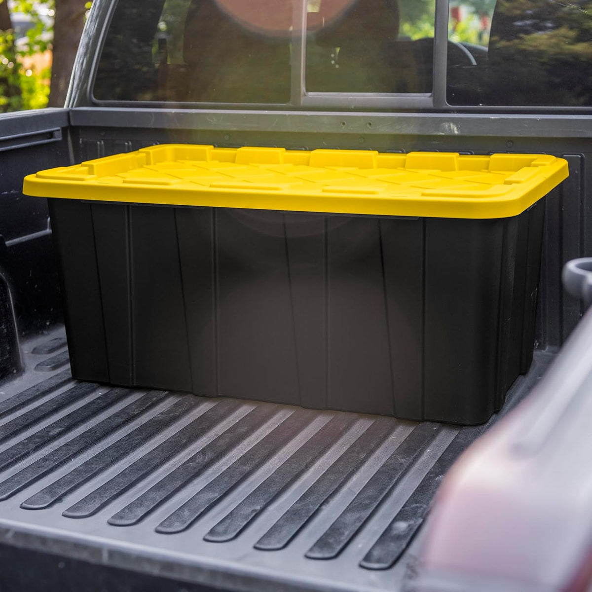 Sterilite 4-Pack 27 Gallon Industrial Storage Tote, Heavy-Duty Plastic Bins, Black/Yellow - Stackable Utility Organizers with Lids for Garage, Camping Tools, and Outdoor Gear