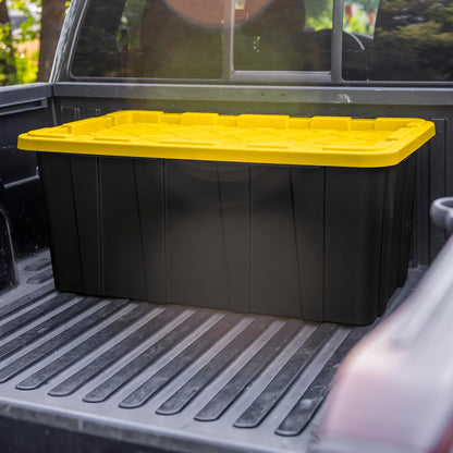 Sterilite 4-Pack 27 Gallon Industrial Storage Tote, Heavy-Duty Plastic Bins, Black/Yellow - Stackable Utility Organizers with Lids for Garage, Camping Tools, and Outdoor Gear