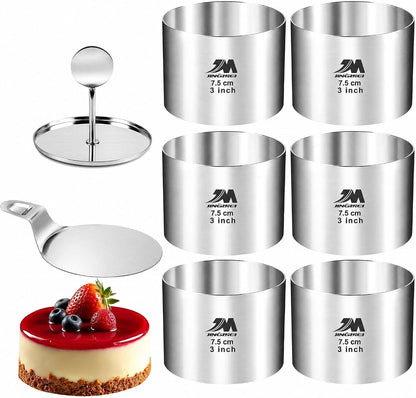 6 Pack Round Cake Ring Molds, Seamless Stainless Steel Cake Cutter with Pusher & Lifter, 3-Inch Dessert Mousse Rings for Baking (Includes 1 Pusher, 1 Lifter and 6 Rings)