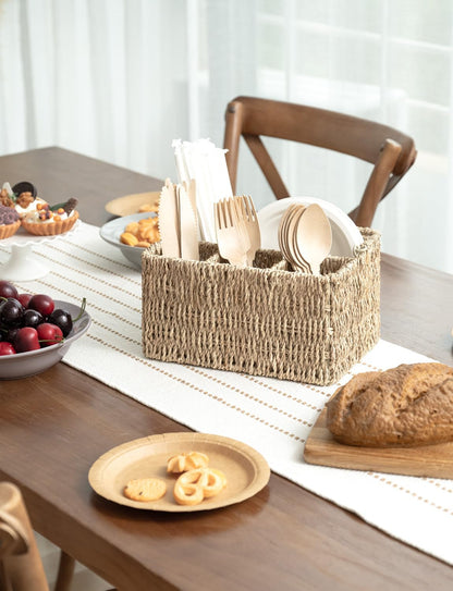 StorageWorks Wicker Silverware Organizer with Handle, Seagrass Kitchen Utensil Holder, Large Utensil Holder for Kitchen Counter, Spoon Forks Knife Cutlery Caddy, Paper Plate Dispenser for Countertop