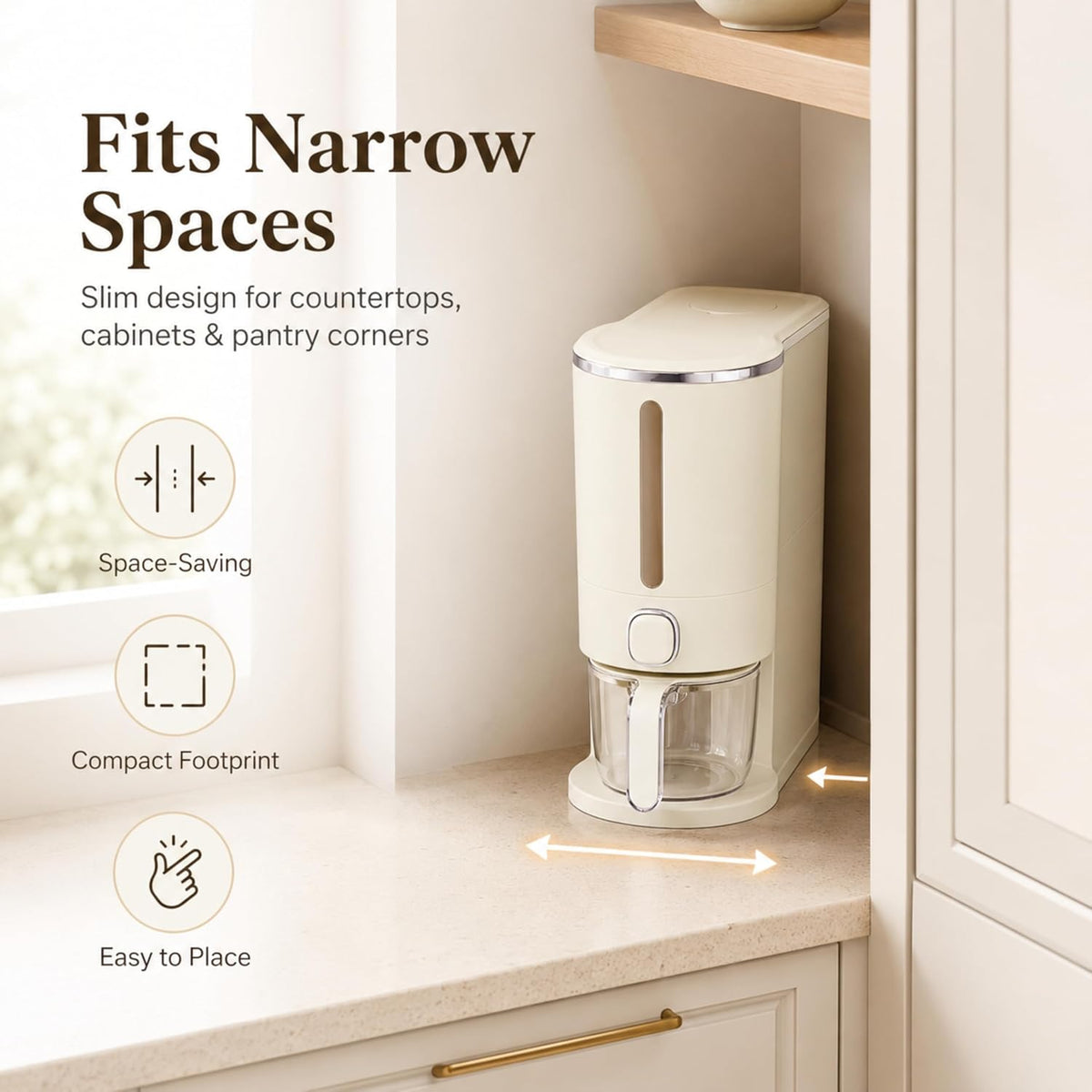 ROOM127 Slim Rice Dispenser 11 Lbs, Airtight Rice Storage Container with Measuring Cup, One-Touch Dry Food & Cereal Dispenser with Clear Window for Kitchen Countertop, Milk Tea Brown