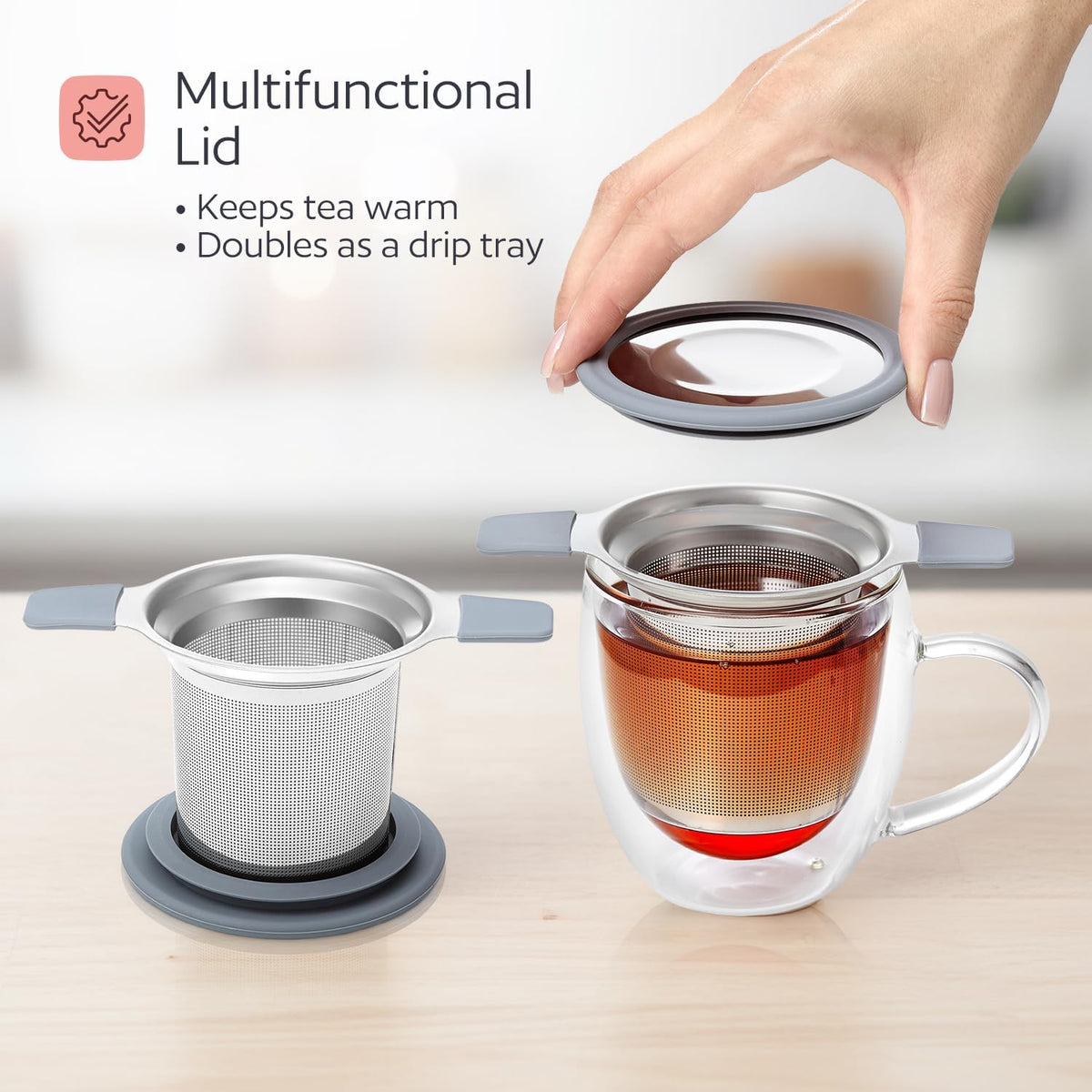 Stainless Steel Tea Infuser for Loose Leaf Tea – Extra Fine Mesh Strainer with Heat Proof Double Handles & Lid, Reusable Filter Fits Mugs, Cups & Teapots, Black