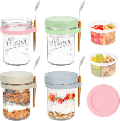 Xyptorix 6 Pack Overnight Oats Containers with Lids and Spoons, 16 oz Mason Jars with Removable Separate Compartments, Airtight and Leak-Proof Glass Jars for Chia Pudding, Yogurt, and Oatmeal