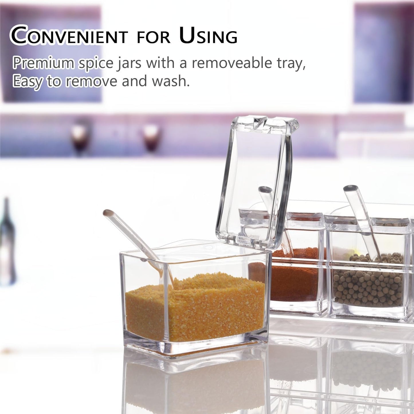 V·RESOURCING Clear Seasoning Box, 3 Pieces Seasoning Rack Spice Pots Storage Container for Spice Salt Sugar Cruet Liquid,Condiment Jars with 3 Spoons
