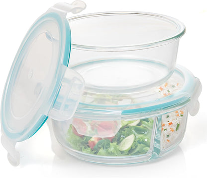 Moss and Stone Rectangular Borosilicate Glass Meal Food Containers - Prep Food Storage Containers Airtight - Snap Locking Lids – Microwave, Oven, Freezer, Dishwasher Safe – with 2 Compartment 2 Pack