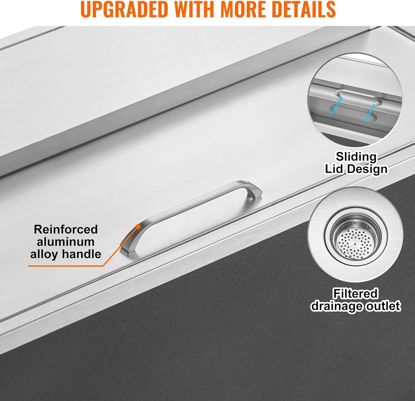 Happybuy Drop in Ice Chest 18L x 12W x 14.5H Inch Stainless Steel Ice Cooler with Sliding Cover Drop in Ice Bin Included Drain-Pipe and Drain Plug for Cold Wine Beer