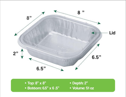 8" Square Heavy Duty Aluminum Container with lid | To-Go Boxes, Meal Prep Containers, Take-Out & Storage Containers | Reusable, Stackable | Reheat in Microwave, Stovetop, Oven & Grill (12)