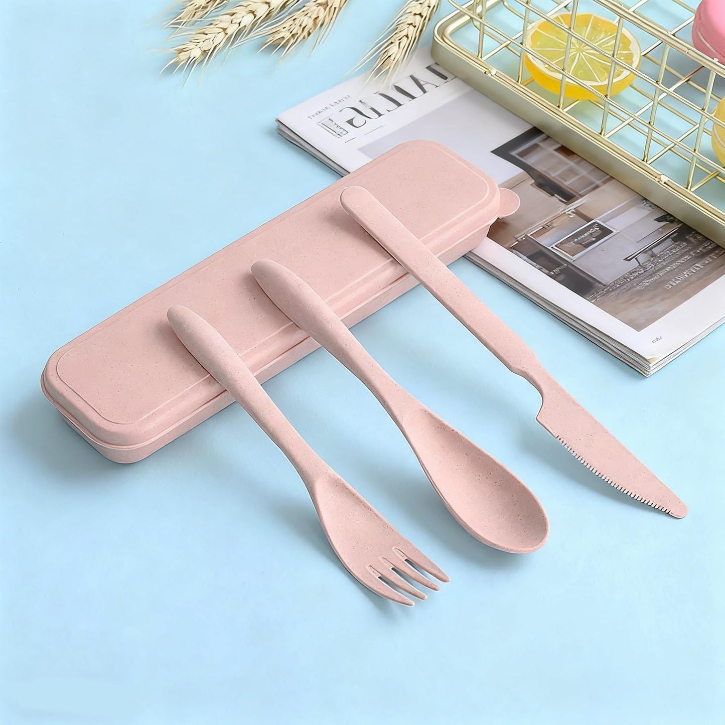 Reusable Utensils Set with Case, Wheat Straw Portable Spoon and Fork Set, Plastic Work School Kids Adults or Daily Use Cutlery Set - for Lunch Box Use Outdoor (Red)