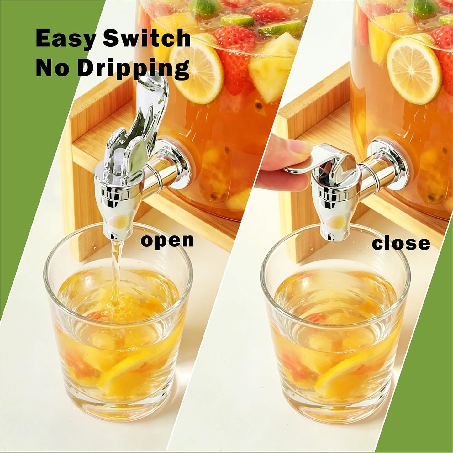 Glass Drink Dispenser with Bamboo Stand & Lid,2 Pack 1.3 Gallon Large Beverage Dispenser with Spigot,Iced Tea Water Juice & Lemonade Dispenser for Parties,Dishwasher Safe