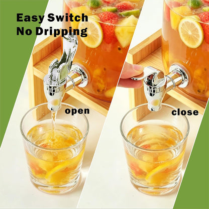Glass Drink Dispenser with Bamboo Stand & Lid,2 Pack 1.3 Gallon Large Beverage Dispenser with Spigot,Iced Tea Water Juice & Lemonade Dispenser for Parties,Dishwasher Safe