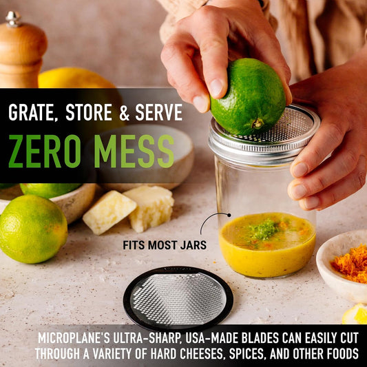 Microplane 2-Piece Ultimate Mason Jar Lid Grater Set, Fine & Ribbon Stainless Steel Blades, Fits Wide Mouth Canning Jars, Shaker Holes, Zester & Cheese/Spice Grater, Handheld Stainless Steel Rasp