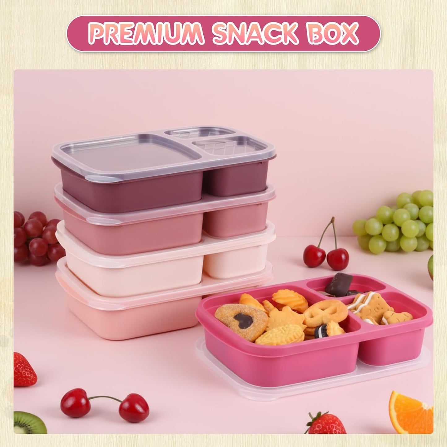 Honeydak 5 Pack Snack Containers 3 Compartment Bento Snack Boxes Divided Meal Prep Containers with Lids Reusable Adults Lunch Food Storage Box for School Work Travel(Elderberry)