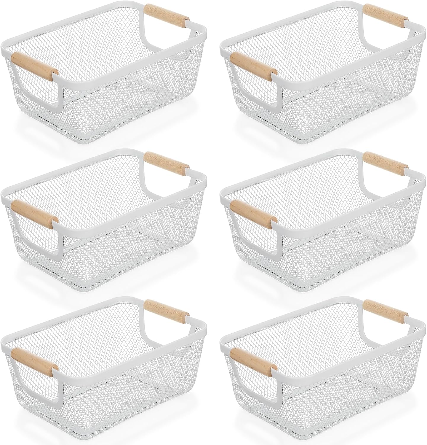 6 Pcs Metal Wire Basket with Wooden Handles, Mesh Steel Storage Organizer Bins for Home Office Kitchen Pantry Closet Fridge Organization, Small Size Cream White