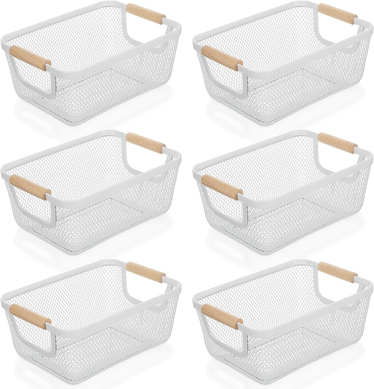 6 Pcs Metal Wire Basket with Wooden Handles, Mesh Steel Storage Organizer Bins for Home Office Kitchen Pantry Closet Fridge Organization, Small Size Cream White
