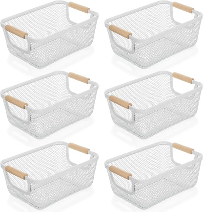6 Pcs Metal Wire Basket with Wooden Handles, Mesh Steel Storage Organizer Bins for Home Office Kitchen Pantry Closet Fridge Organization, Small Size Cream White