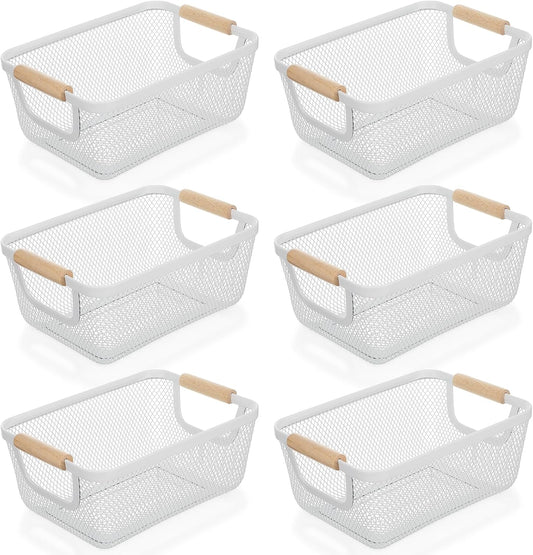 6 Pcs Metal Wire Basket with Wooden Handles, Mesh Steel Storage Organizer Bins for Home Office Kitchen Pantry Closet Fridge Organization, Small Size Cream White