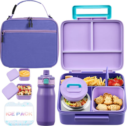 Bento Lunch Box for Kids with Thermo, Leakproof Bento Box with 8oz Insulated Food Jar, Insulated Bottle, Lunch Bag, BPA Free Dishwasher Safe 4 Compartment Container for School Girls Boys (Pink)