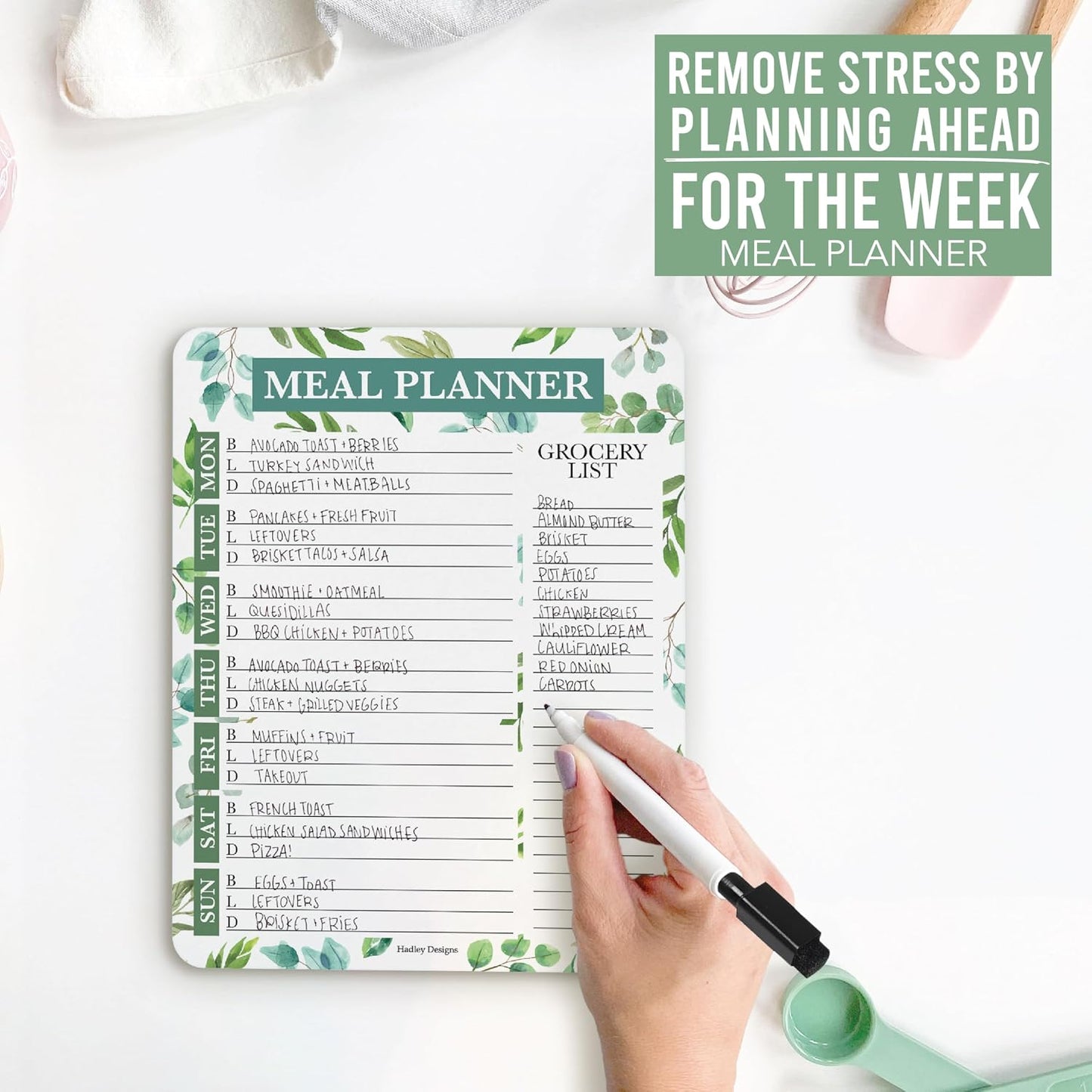 Hadley Designs Weekly Meal Planner for Fridge - Dinner Menu Board for Kitchen, Greenery Weekly Menu Board Dry Erase, Dry Erase Meal Planner for Fridge