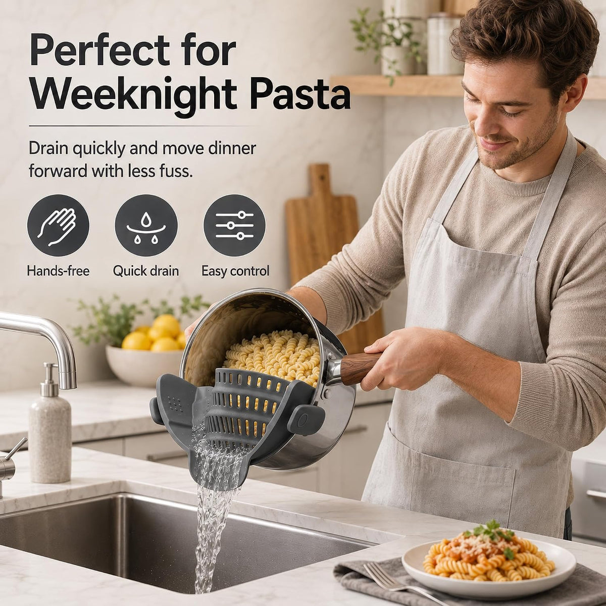 Clip-On Silicone Pot Strainer, Hands-Free Pasta Colander, Grey