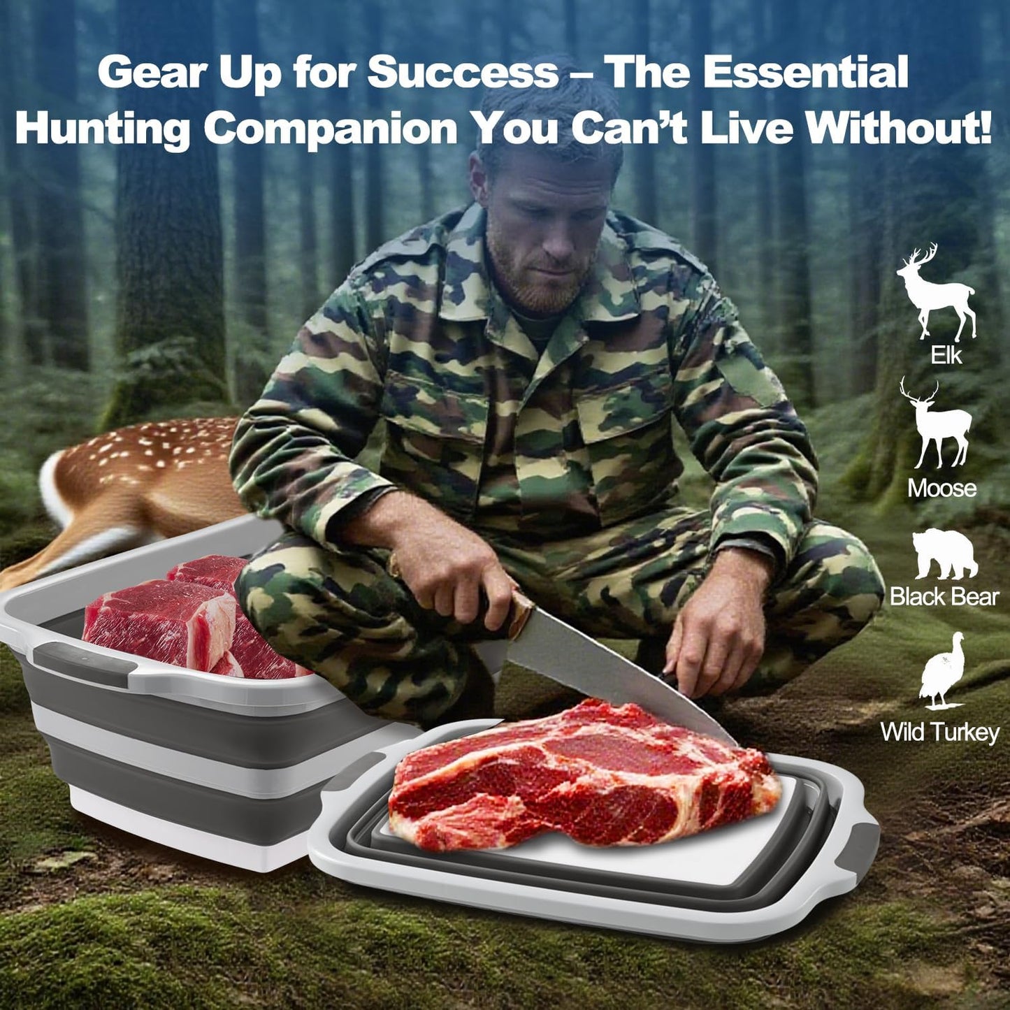 Collapsible BBQ Prep Tub with Cutting Board & Lid - XXL 7.95 Gal / 66 lb - Reusable Grilling Accessories - BPA-Free, Hand Wash (Drain Hole) - Outdoor, Boating, Hunting - Gift for Men