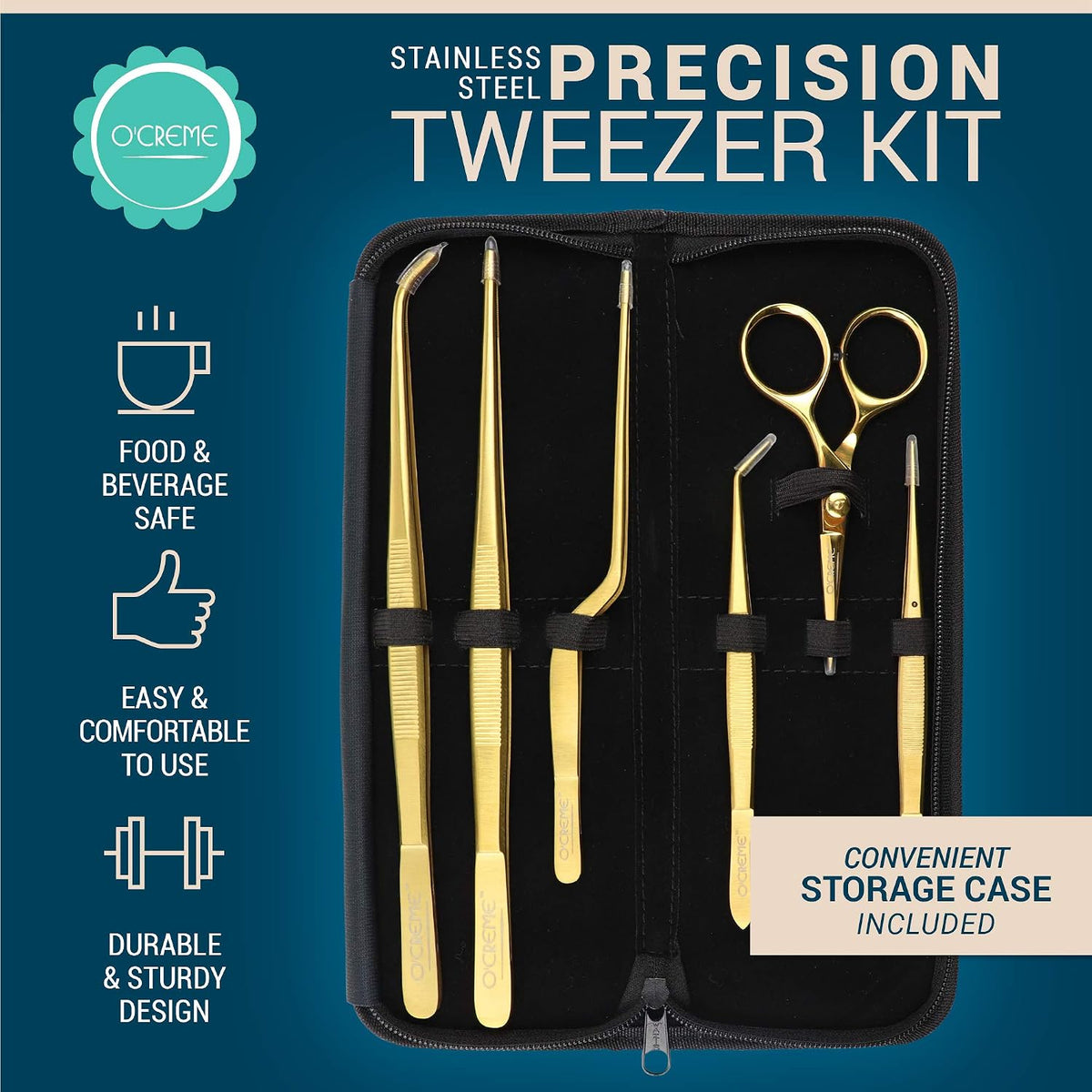 O'Creme Set of Culinary Tweezer Tongs Offset, Straight and Curved, Plus Super Sharp Chef Scissors, Total 6 Pieces (Rose Gold)