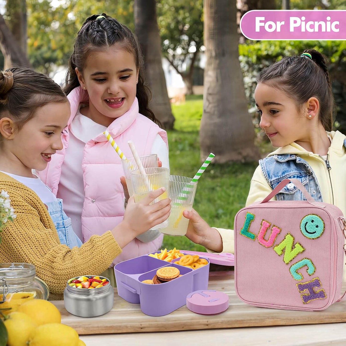 Lunch Box with Bento Box with 4 Compartment, with Leak Proof Thermo Food Jar, Preppy Corduroy Insulated Lunch Bag for Womens Girl Kids Teens School Travel Picnic (Purple)