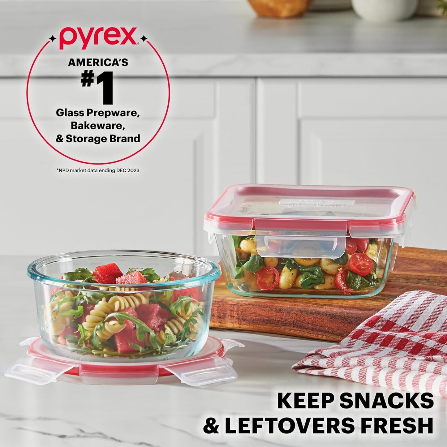 Pyrex Freshlock (4-Pack) Mixed Sized Glass Food Storage Containers Set, Airtight & Leakproof Plastic Locking Lids BPA-Free, Meal Prep Containers Set, Freezer Dishwasher Microwave Safe