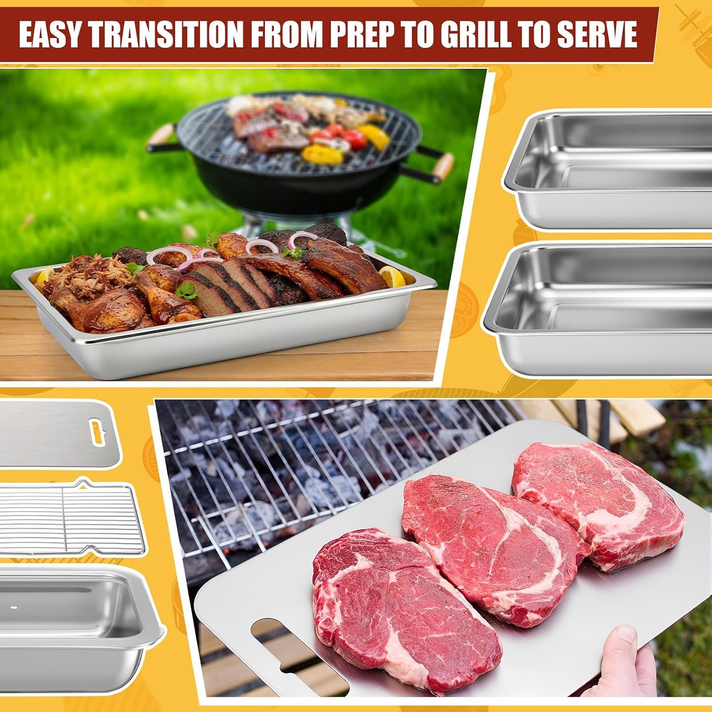 6 Pcs Grilling Prep and Serve Tray Set BBQ Stainless Steel Grill Carry System Includes Wire Rack 2 Grill Serving Trays 2 Marinating Container with Lid Cutting Board for BBQ Outdoor Grilling
