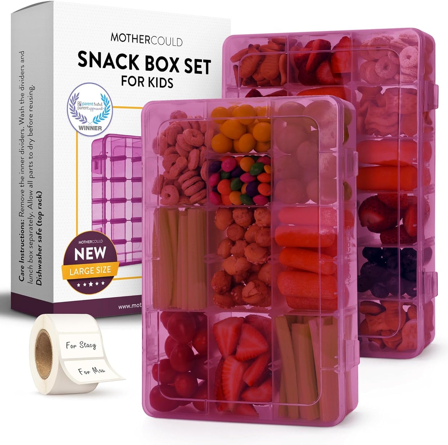 Large Kids Snack Box Containers Set of 2 -100 Labels, BPA-Free, Adjustable Compartments, Dishwasher Safe, Reusable Tray, Food Grade, Meal Prep Container, PARENT TESTED PARENT APPROVED AWARD (Clear)