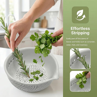Ceramic Herb Stripper and Garlic Ginger Grater Bowl, 3-in-1 Kitchen Tool