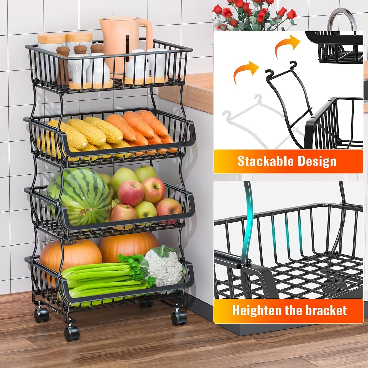 Gsiekare 3-Tier Rolling Pantry Organizer and Storage Cart with Wheels | Stackable wire pantry baskets for pantry shelves, fruit basket stand, easy to move, storage rack for food snack onion potato