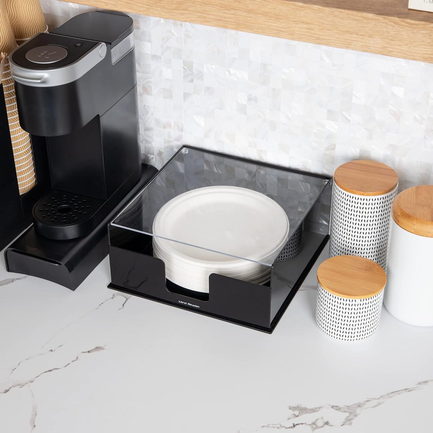 Mind Reader Utensil Napkin and Plate Organizer Tray, Countertop Caddy with 7 Compartments, Holds Plates up to 10.5 Inches, Breakroom and Buffet Organizer, Plastic, Black