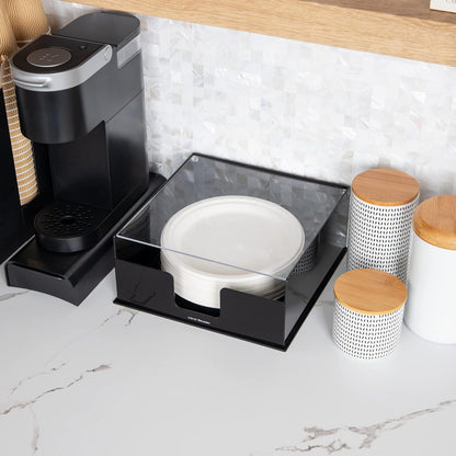 Mind Reader Utensil Napkin and Plate Organizer Tray, Countertop Caddy with 7 Compartments, Holds Plates up to 10.5 Inches, Breakroom and Buffet Organizer, Plastic, Black