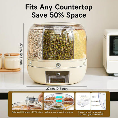 UFORU Rice Dispenser | 360° Rotating Grain Storage Bin - 6 Grids, 20LBS Large Capacity Food Container, Moisture-Proof, One-Click Output for Rice, Beans & Pet Food - Kitchen Pantry Organizer