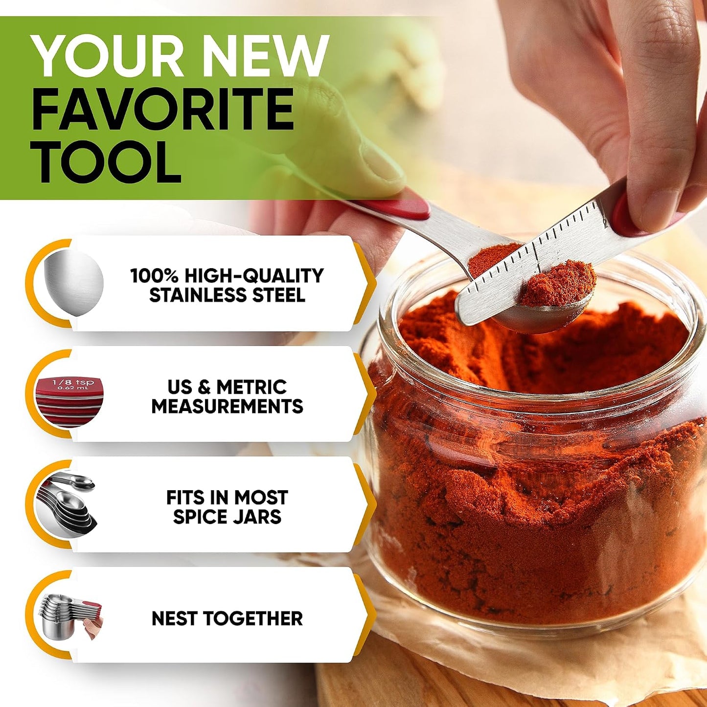 Spring Chef Magnetic Measuring Cups & Spoons Set, Patented, Strong N45 Magnets, Heavy Duty Stainless Steel Fits in Spice Jars for Baking & Cooking, BPA Free, Round Set of 15 with Leveler, Black