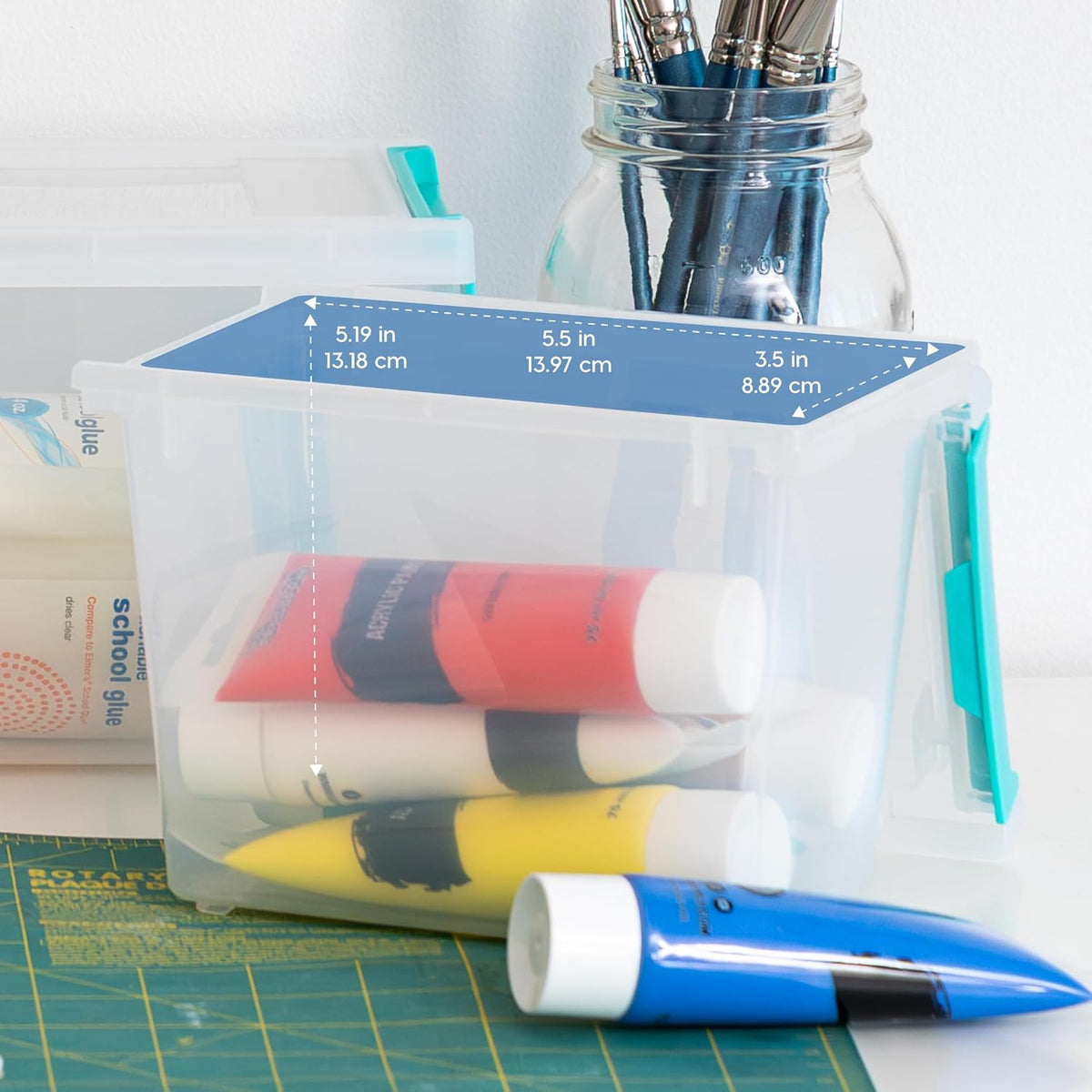 IRIS USA 12 Qt. Craft Storage Bins with Lids, 4-Pack, |Made in USA|, Clip Box, Medium Plastic Sensory Bin Tote Organizer Containers for Art Supplies, Paper, & Office, Stackable - Clear/Seafoam Blue