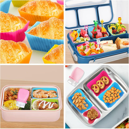 66 Pcs Bento Box Accessories Set with 1 oz Mini Condiment Squeeze Bottles, Silicone Lunch Box Dividers Cups and Animal Food Picks, Lunch Packing Supplies, Small Ketchup Bottle Containers for Meal Prep