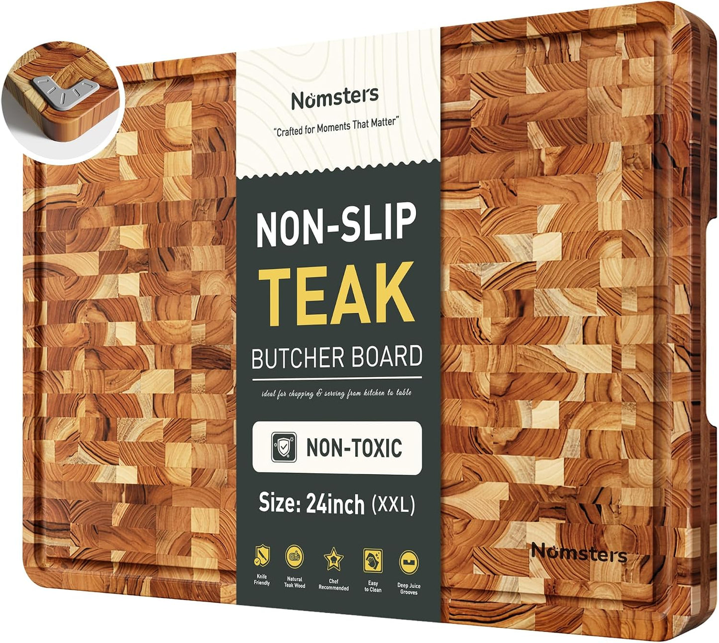 Teak Wood End Grain Cutting Board Set of 2 with Non-slip Feet, Reversible Cutting Boards for Kitchen with Juice Grooves and Handles Non Toxic Chopping Board Butcher Block Serving Tray Kitchen Gift