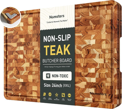Teak Wood End Grain Cutting Board Set of 2 with Non-slip Feet, Reversible Cutting Boards for Kitchen with Juice Grooves and Handles Non Toxic Chopping Board Butcher Block Serving Tray Kitchen Gift