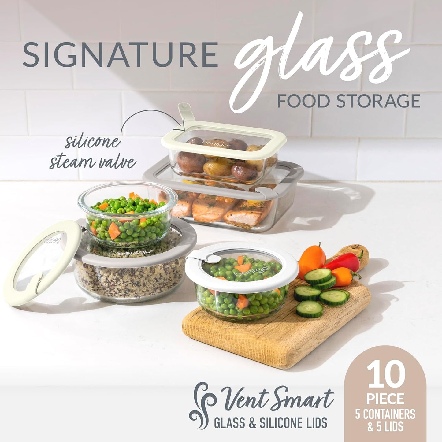 Bentgo Signature Leak-Proof Glass Food Storage - 4-Piece Set, 1-Compartment Plastic-Free Containers with Airtight Glass Lids, BPA-Free, Microwave, Freezer, Oven & Dishwasher Safe (White Stone)
