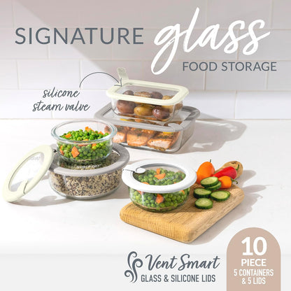 Bentgo Signature Leak-Proof Glass Food Storage - 4-Piece Set, 1-Compartment Plastic-Free Containers with Airtight Glass Lids, BPA-Free, Microwave, Freezer, Oven & Dishwasher Safe (White Stone)