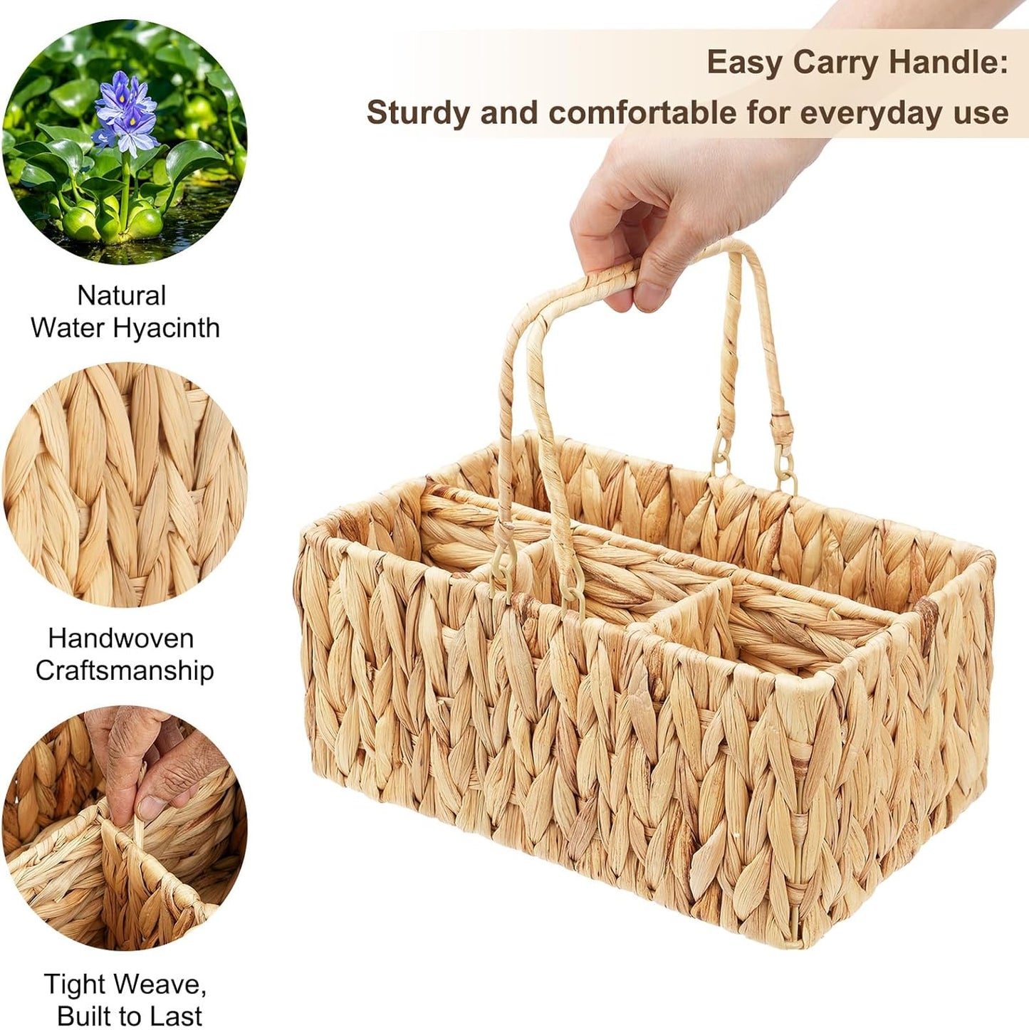 Water Hyacinth Utensil Caddy with Handle, 4 Compartments Woven Cutlery Organizer, Portable Flatware Holder for Outdoor Picnic, BBQ, Camping, Kitchen Counter & Party Table