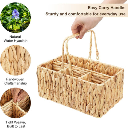 Water Hyacinth Utensil Caddy with Handle, 4 Compartments Woven Cutlery Organizer, Portable Flatware Holder for Outdoor Picnic, BBQ, Camping, Kitchen Counter & Party Table