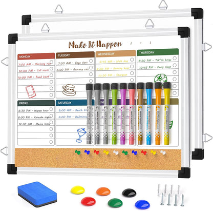 Marsrock Weekly Calendar Whiteboard and Cork Board Combo for Wall, 17"x13" Reversible Hanging Dry Erase Board, Double Sided White Board with Aluminum Frame for Planning, Office, Kitchen, School, Home