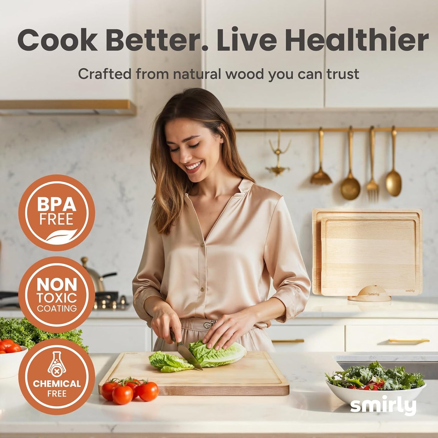 SMIRLY Walnut Cutting Board for Kitchen - Wood Cutting Boards with Handle and Juice Groove for Meal Prep, Serving, Charcuterie - Kitchen Gadgets - Non Toxic Wooden Chopping Board Set of 3 with Holder